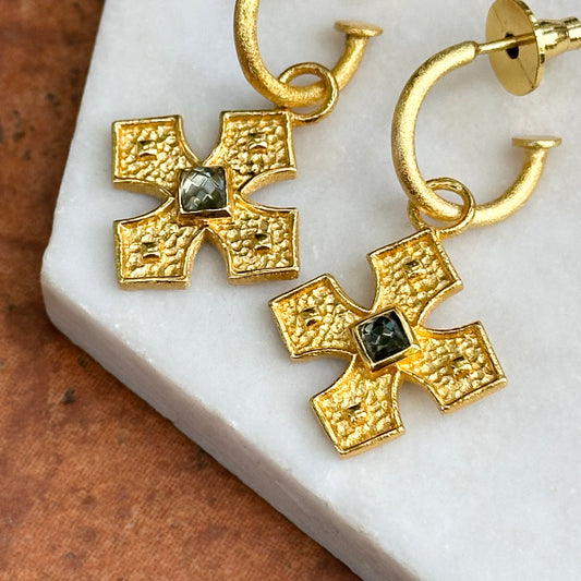 Yellow Gold-Plated Square Blue Stone Cross Dangle Hoop Earrings