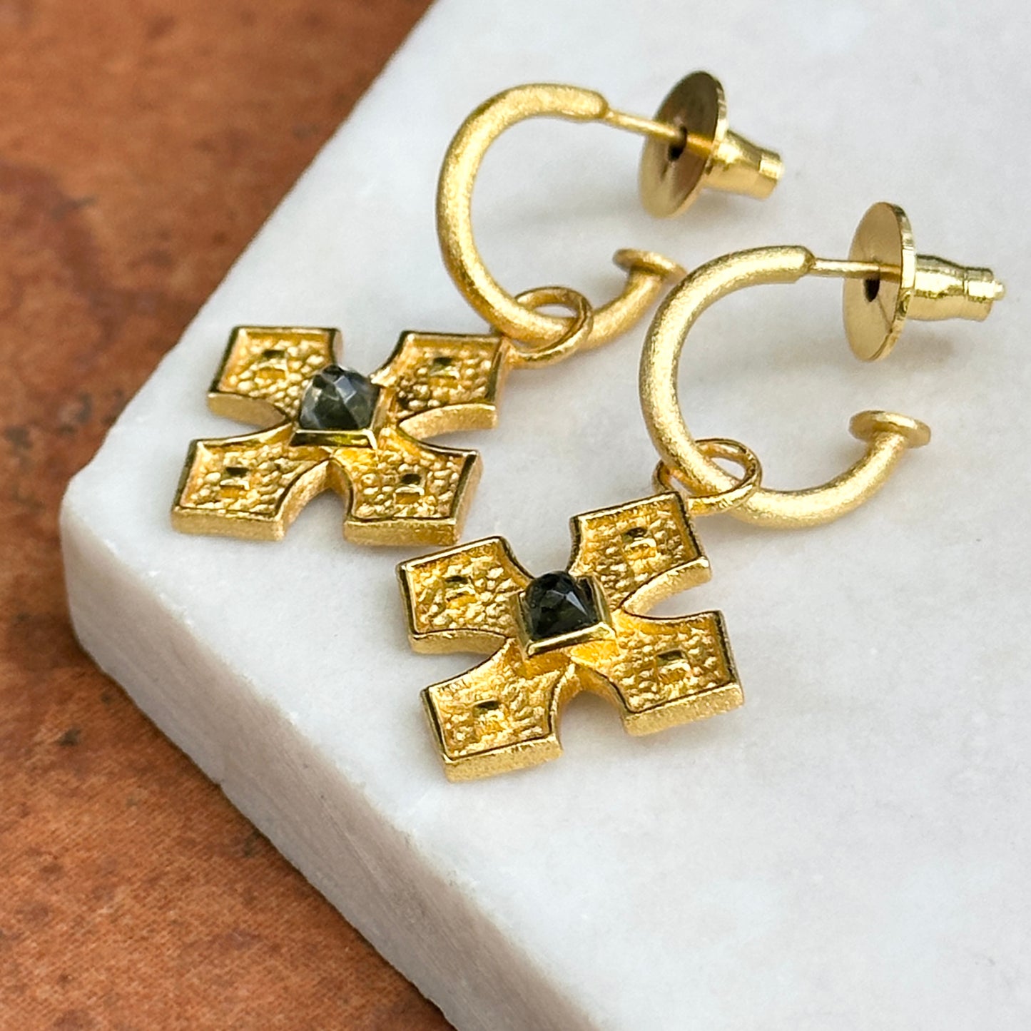 Yellow Gold-Plated Square Blue Stone Cross Dangle Hoop Earrings