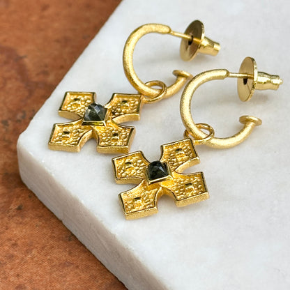 Yellow Gold-Plated Square Blue Stone Cross Dangle Hoop Earrings
