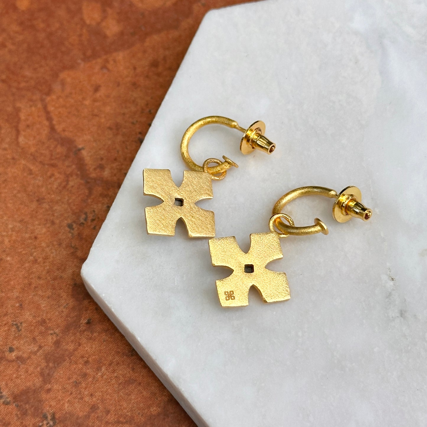Yellow Gold-Plated Square Blue Stone Cross Dangle Hoop Earrings