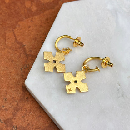 Yellow Gold-Plated Square Blue Stone Cross Dangle Hoop Earrings