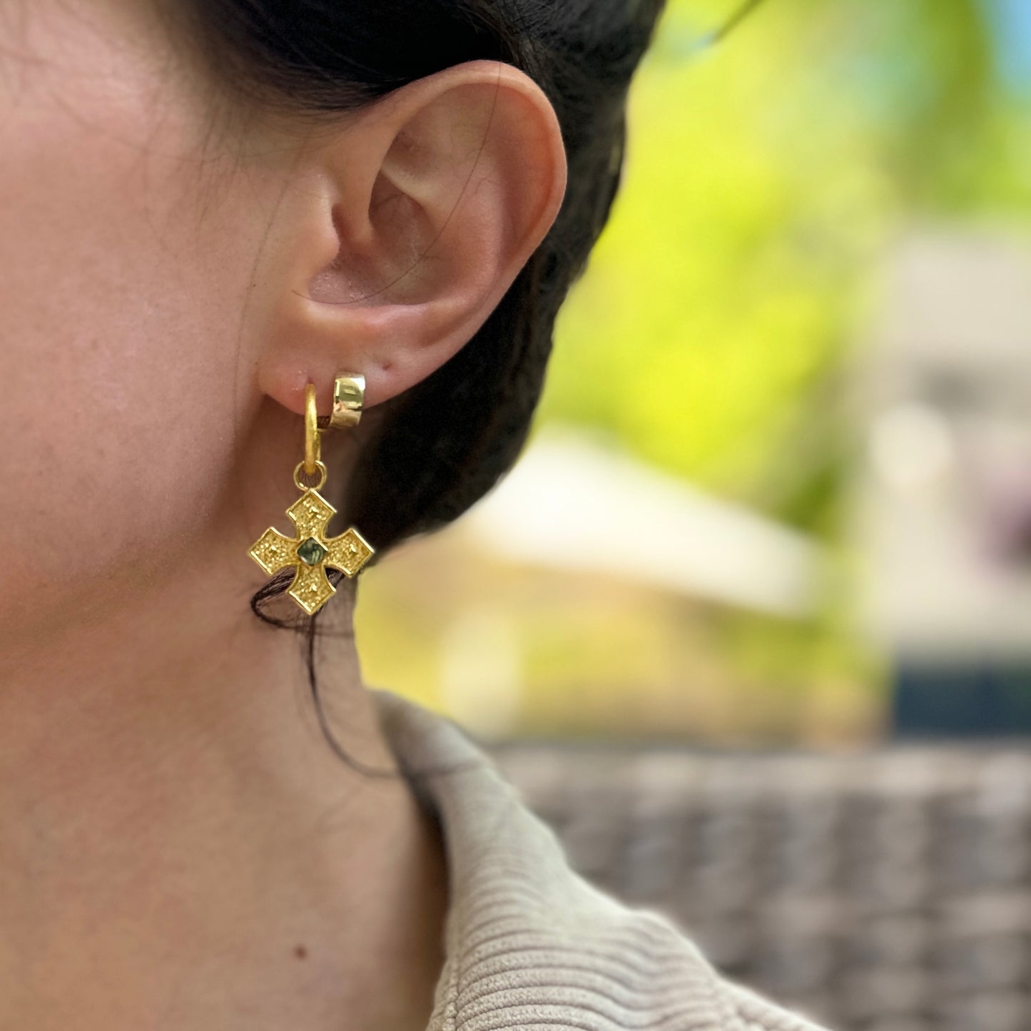 Yellow Gold-Plated Square Blue Stone Cross Dangle Hoop Earrings