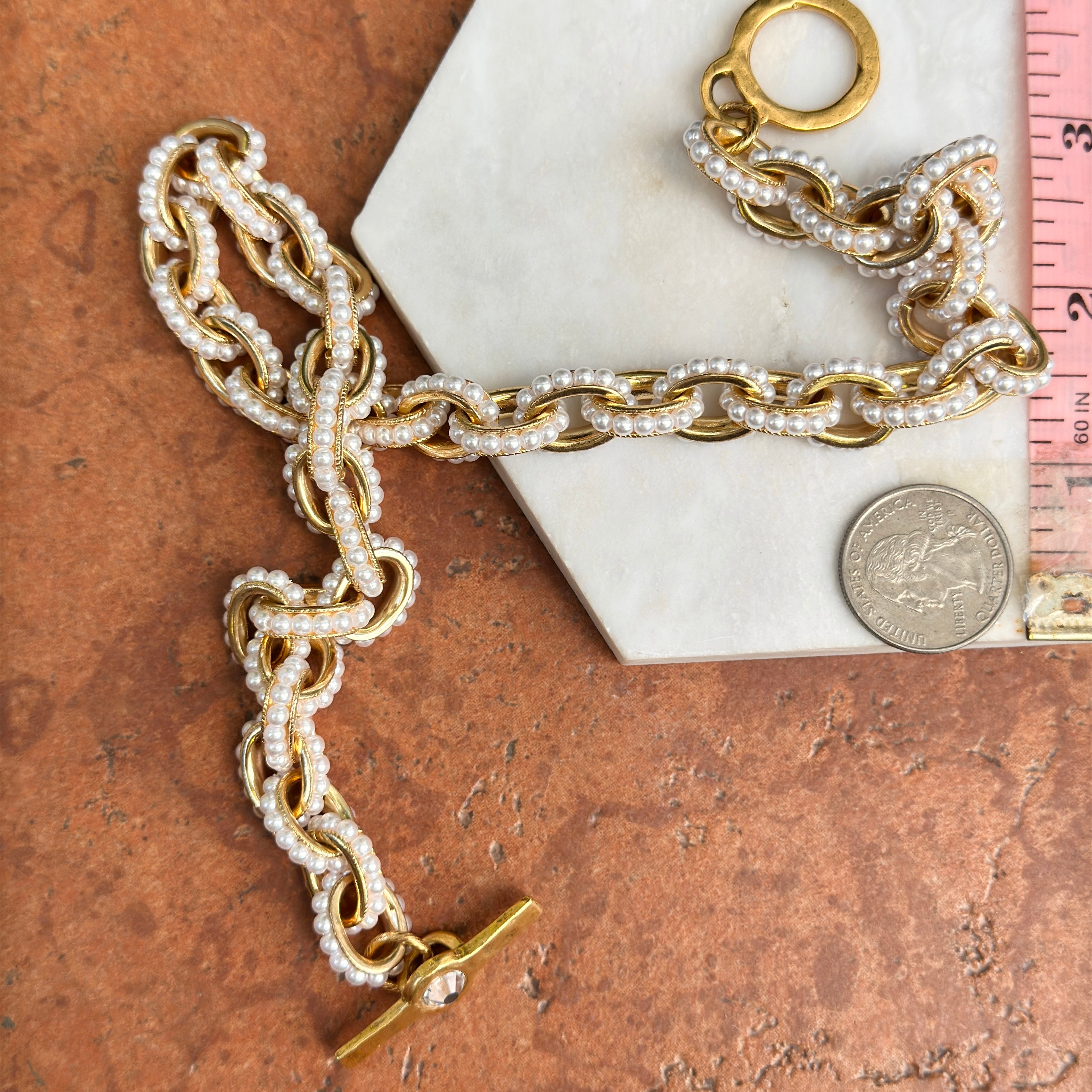 Yellow Gold-Plated Pearl Bead Cable Necklace + Matte Toggle Clasp
