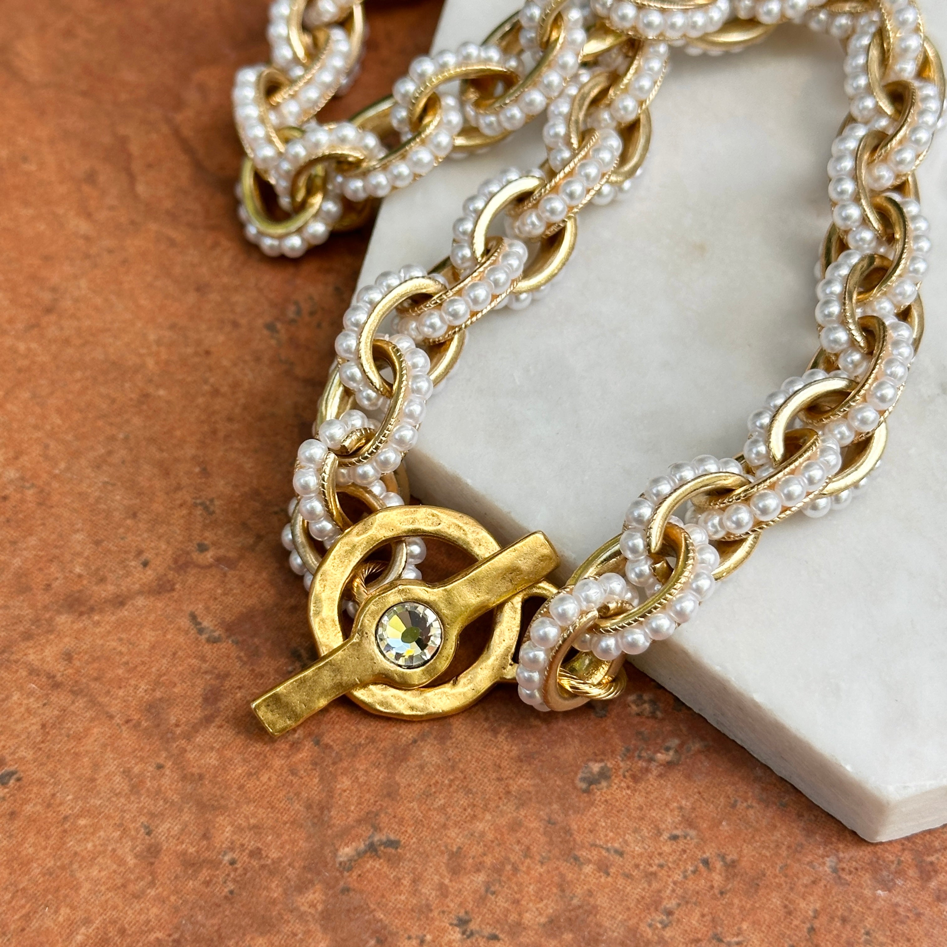 Yellow Gold-Plated Pearl Bead Cable Necklace + Matte Toggle Clasp