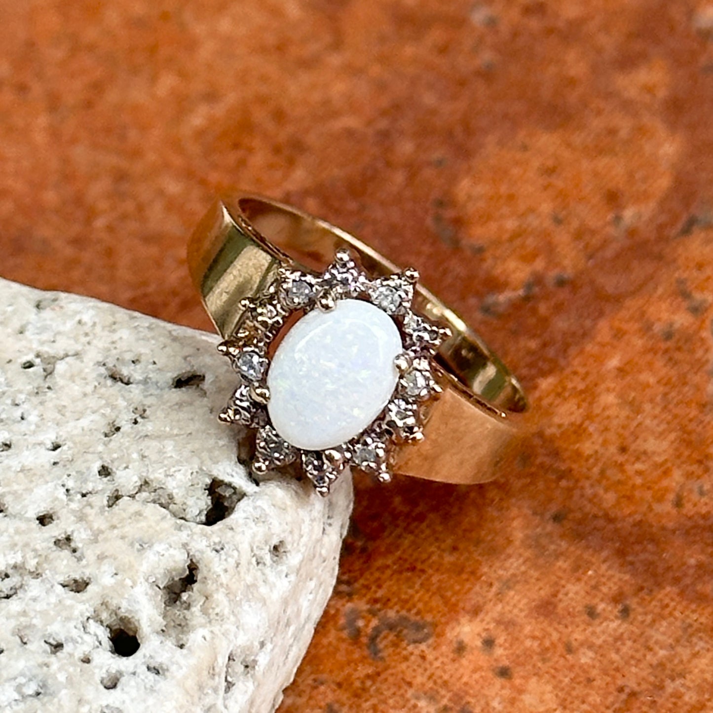 Estate 10KT Yellow Gold Oval Opal + Diamond Halo Ring