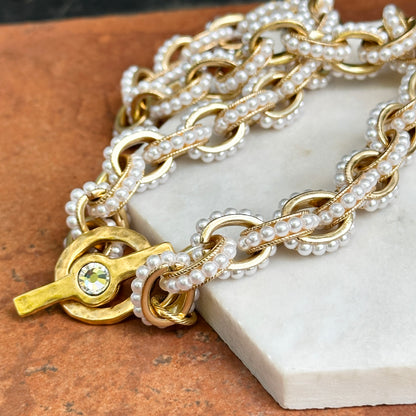 Yellow Gold-Plated Pearl Bead Cable Necklace + Matte Toggle Clasp 18''