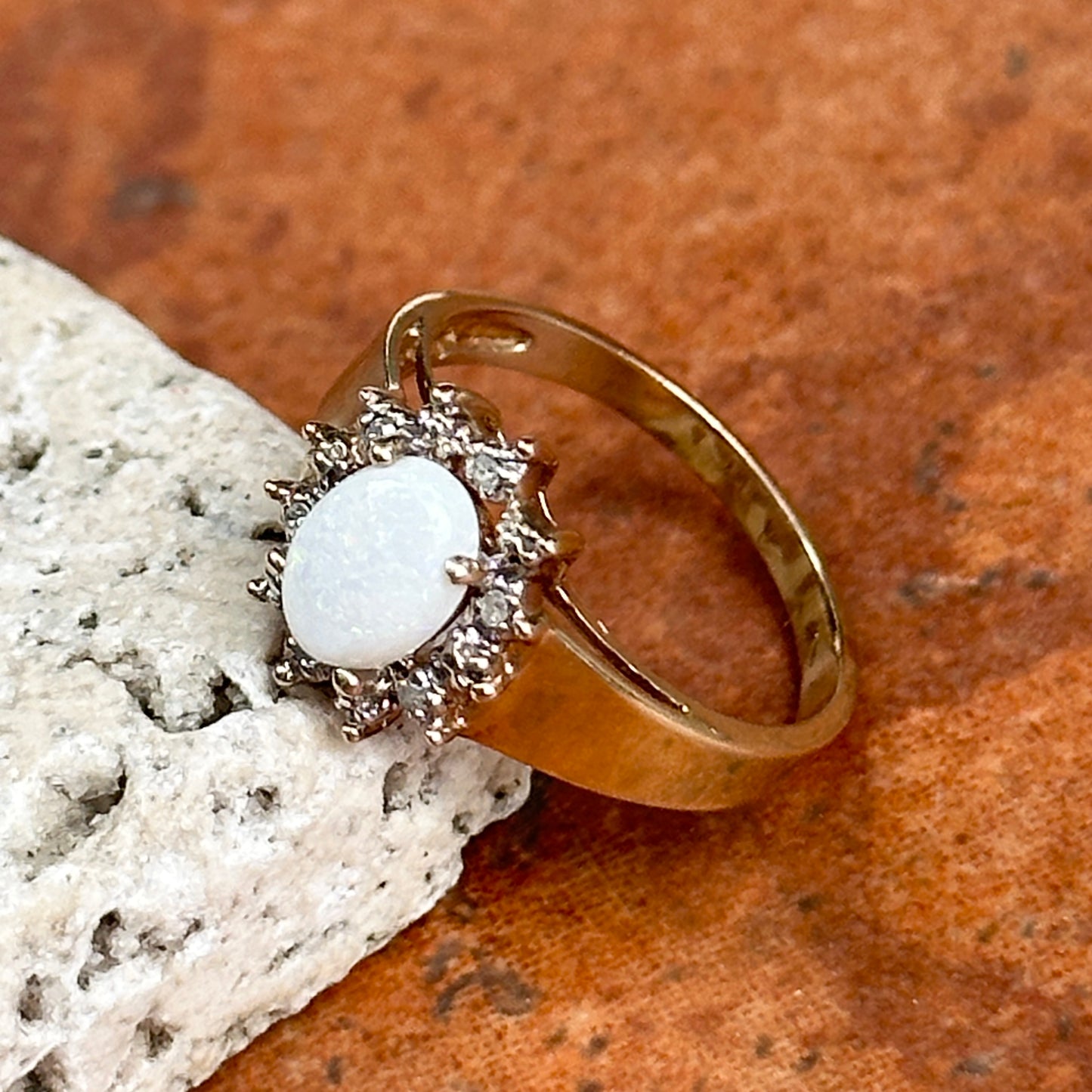 Estate 10KT Yellow Gold Oval Opal + Diamond Halo Ring