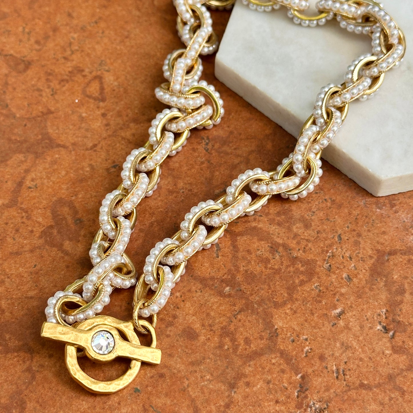 Yellow Gold-Plated Pearl Bead Cable Necklace + Matte Toggle Clasp 18''