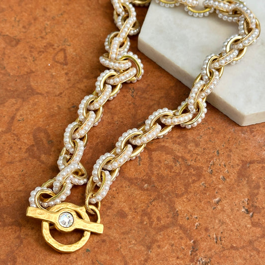 Yellow Gold-Plated Pearl Bead Cable Necklace + Matte Toggle Clasp 18''