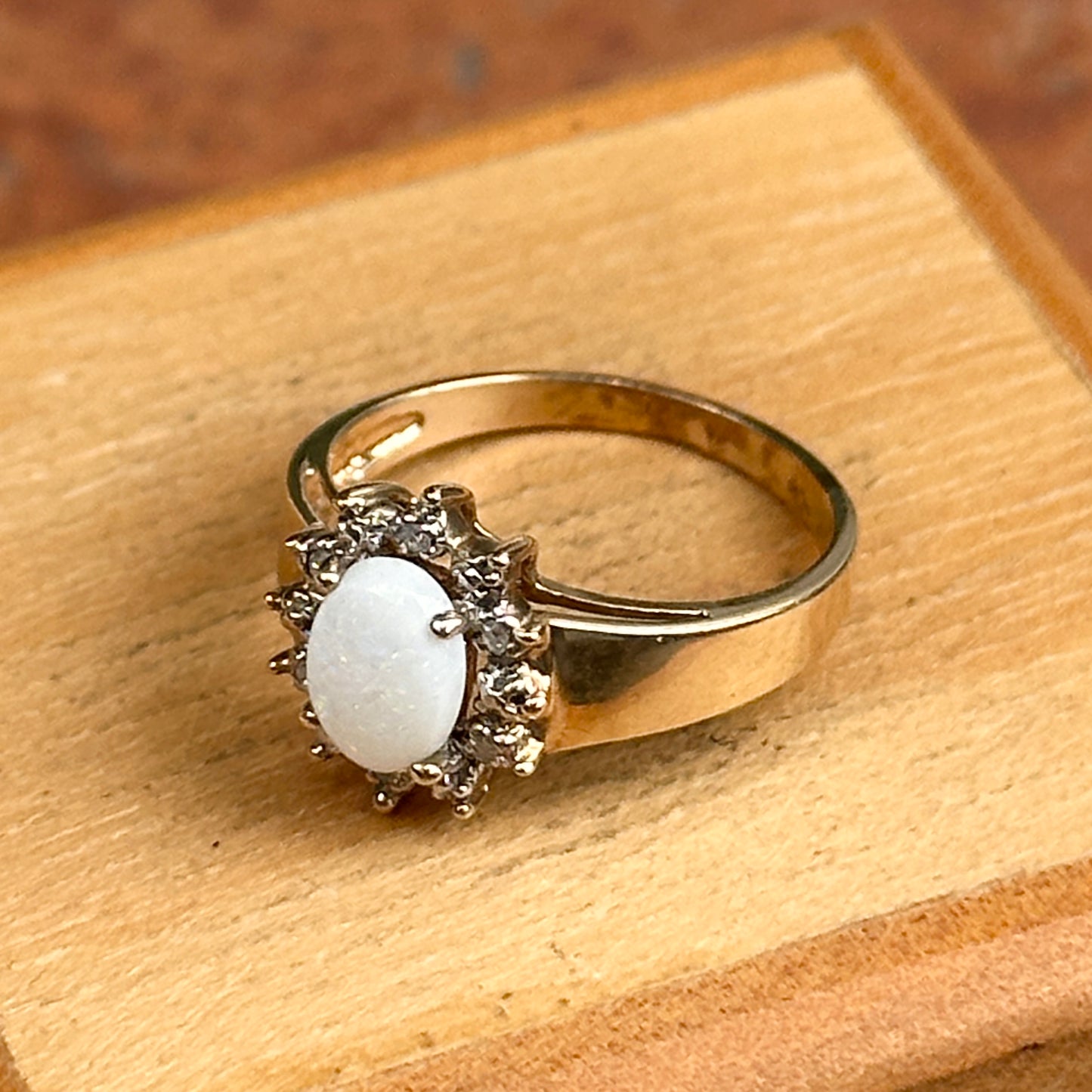 Estate 10KT Yellow Gold Oval Opal + Diamond Halo Ring