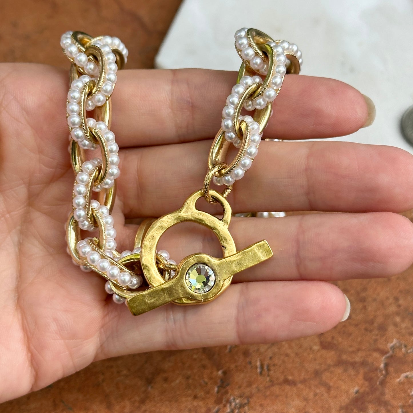 Yellow Gold-Plated Pearl Bead Cable Necklace + Matte Toggle Clasp 18''