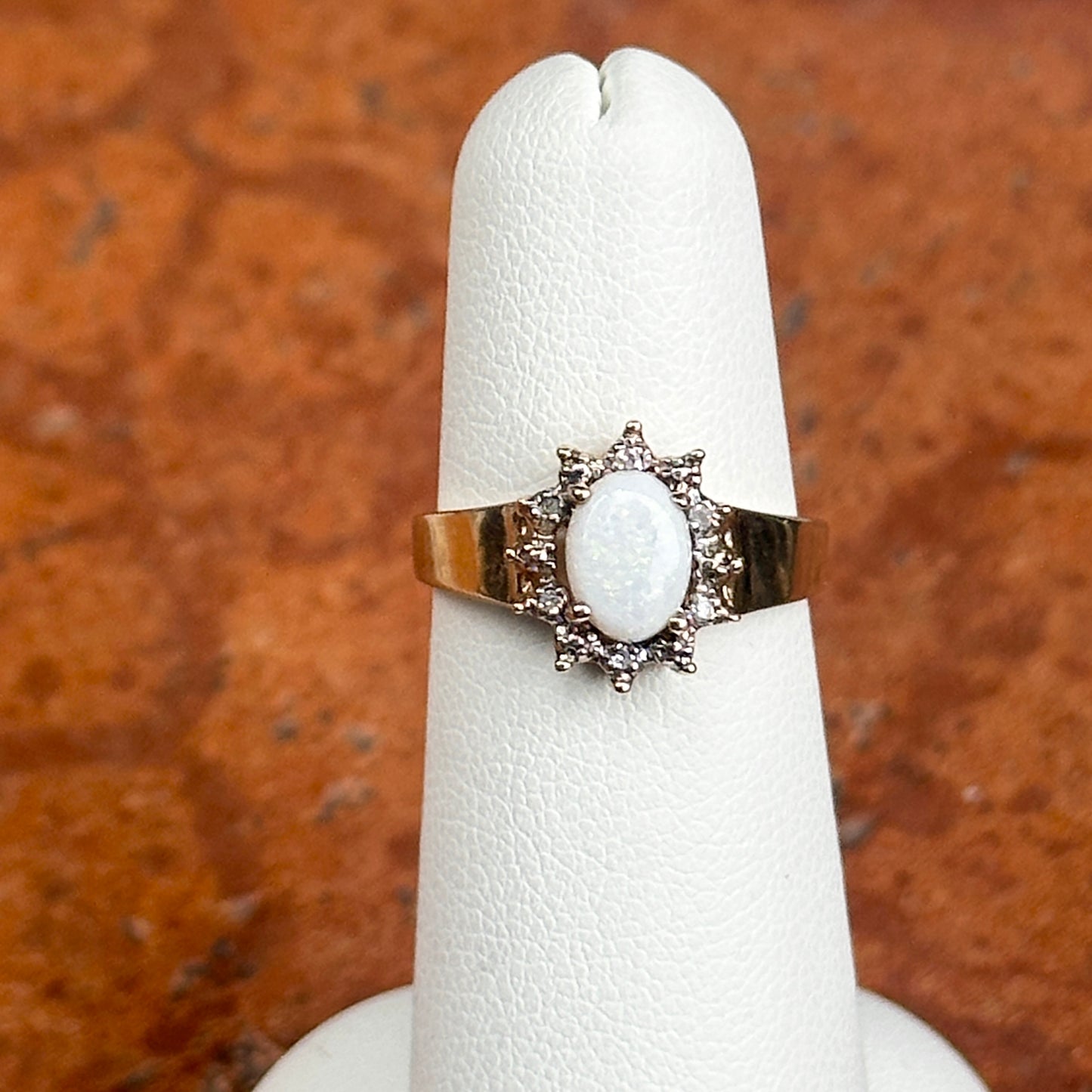 Estate 10KT Yellow Gold Oval Opal + Diamond Halo Ring