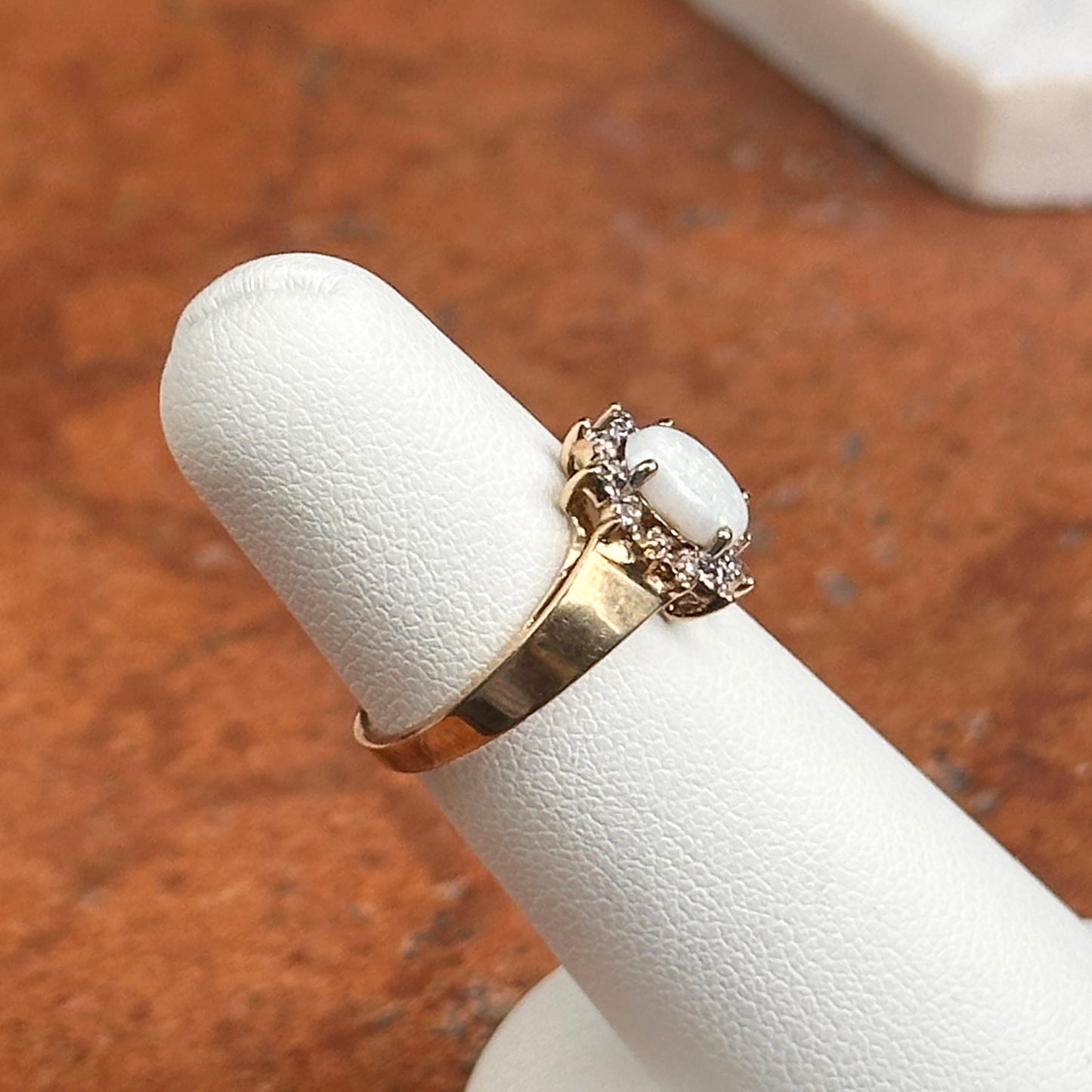 Estate 10KT Yellow Gold Oval Opal + Diamond Halo Ring