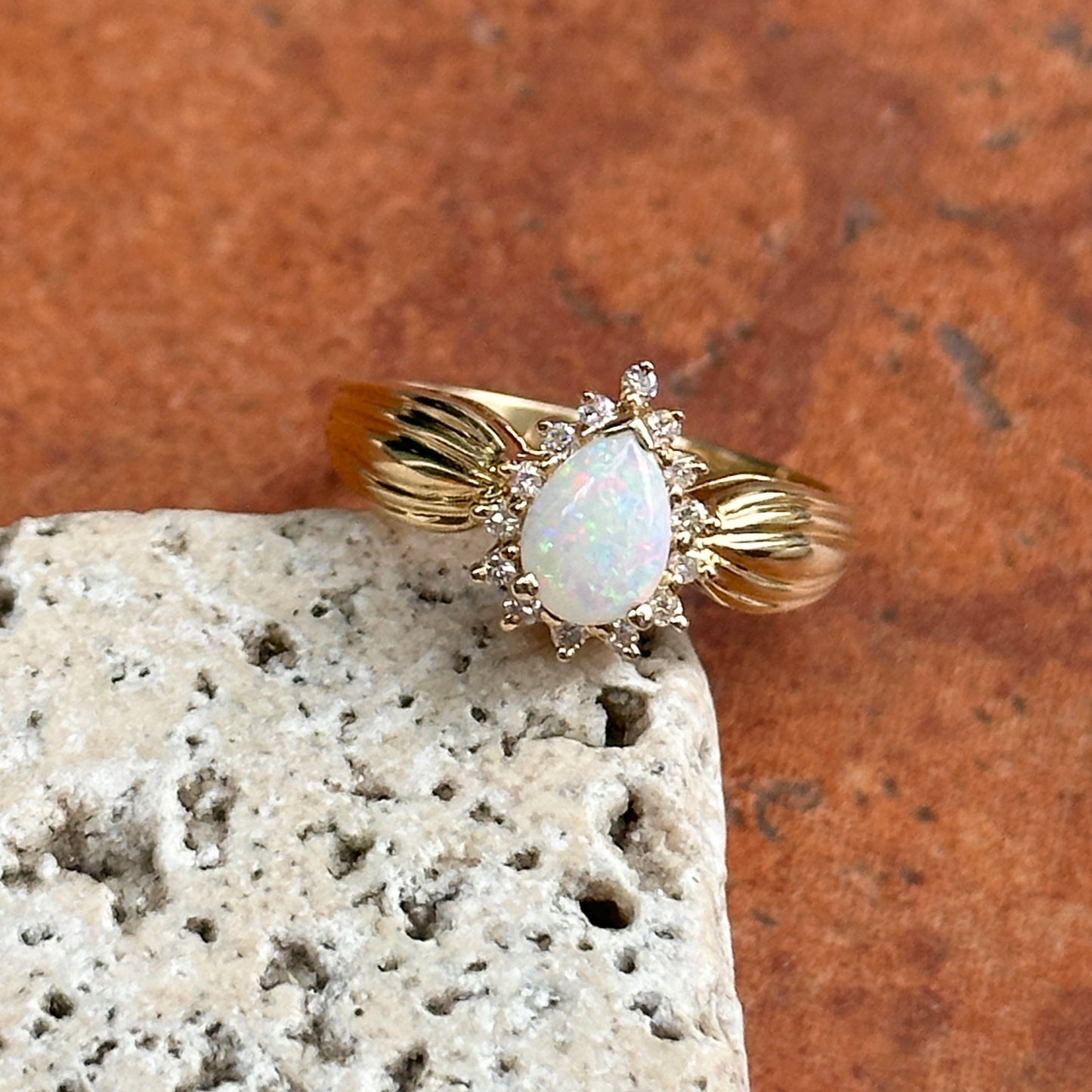 Estate 14KT Yellow Gold Pear Opal + Diamond Halo Ring