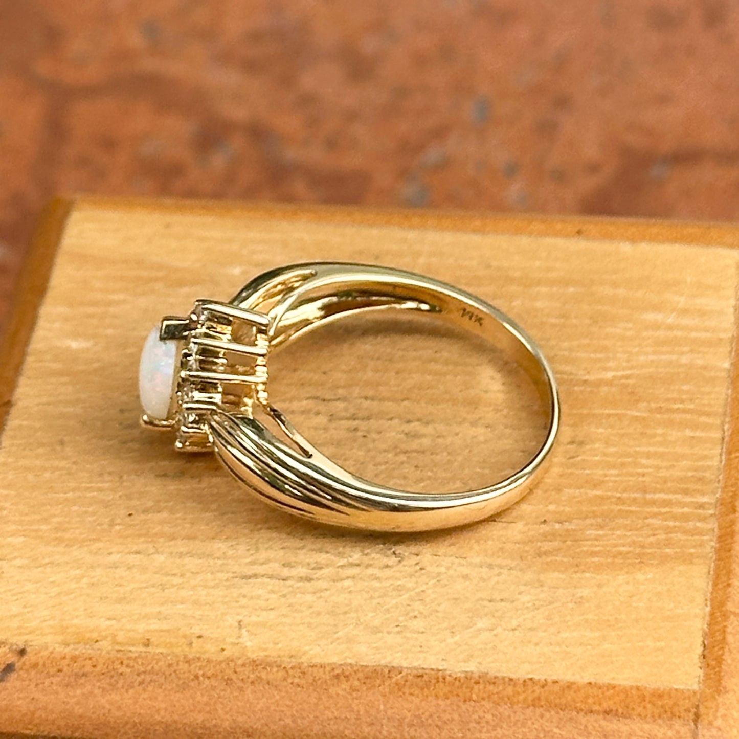 Estate 14KT Yellow Gold Pear Opal + Diamond Halo Ring