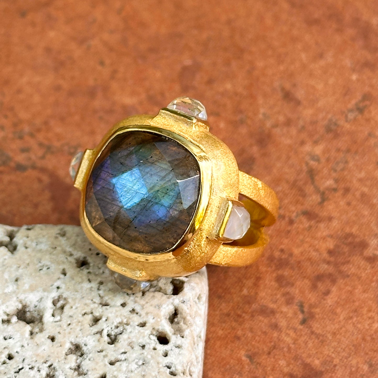 Yellow Gold-Plated Labradorite + Mother of Pearl Betty Carre Matte Ring Size 7