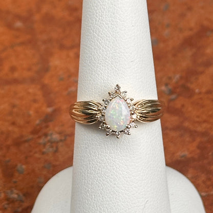 Estate 14KT Yellow Gold Pear Opal + Diamond Halo Ring