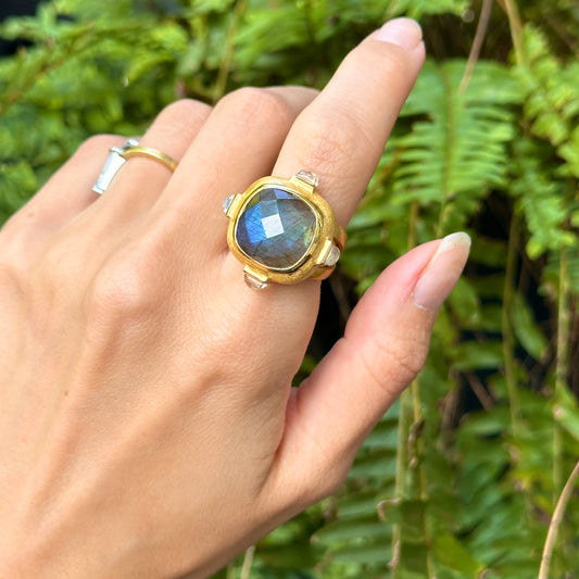 Yellow Gold-Plated Labradorite + Mother of Pearl Betty Carre Matte Ring Size 7