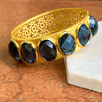 18K Yellow Gold-Plated Oval Checkerboard Blue Stone Lattice Hinged Bracelet