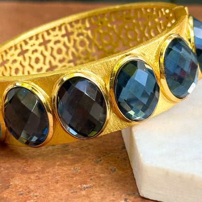 18K Yellow Gold-Plated Oval Checkerboard Blue Stone Lattice Hinged Bracelet