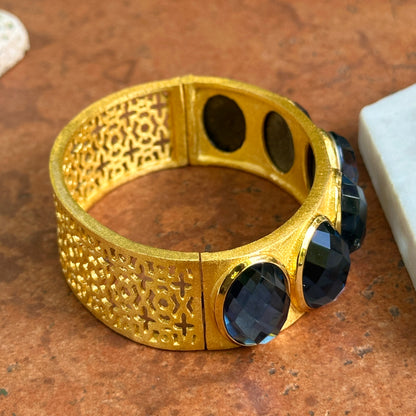 18K Yellow Gold-Plated Oval Checkerboard Blue Stone Lattice Hinged Bracelet