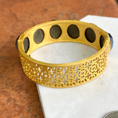 18K Yellow Gold-Plated Oval Checkerboard Blue Stone Lattice Hinged Bracelet