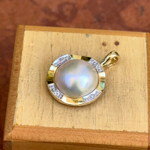 Estate 14KT Yellow Gold Round Mabe Pearl + Diamond Pendant Enhancer