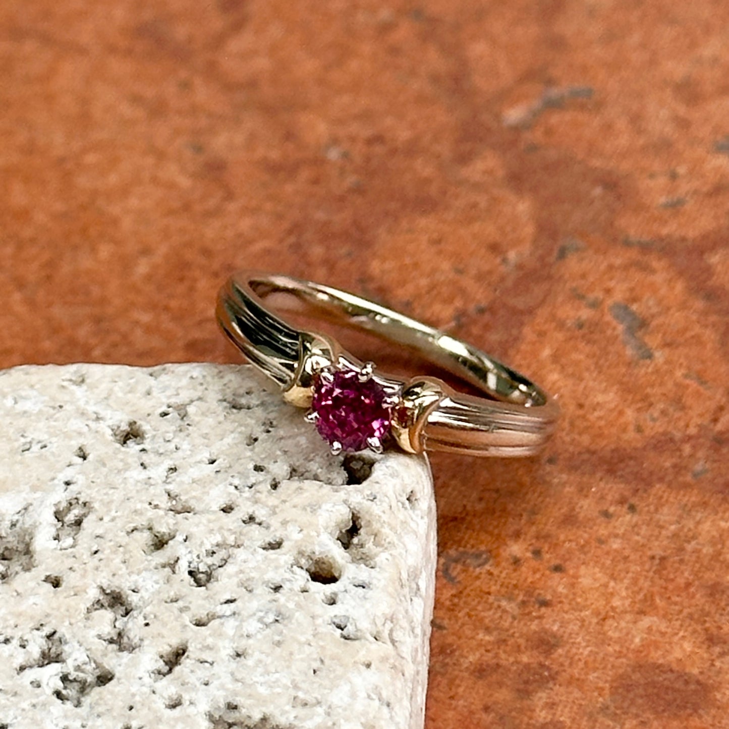 Estate 14KT Yellow + White Gold Round Pink Tourmaline Solitaire Ring