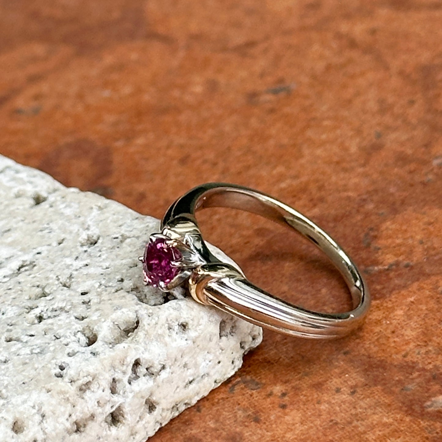 Estate 14KT Yellow + White Gold Round Pink Tourmaline Solitaire Ring