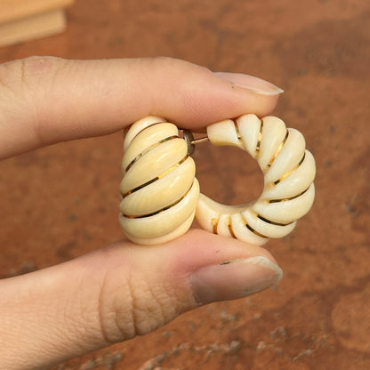 Estate 14KT Yellow Gold Ribbed Round Ivory Hoop Earrings