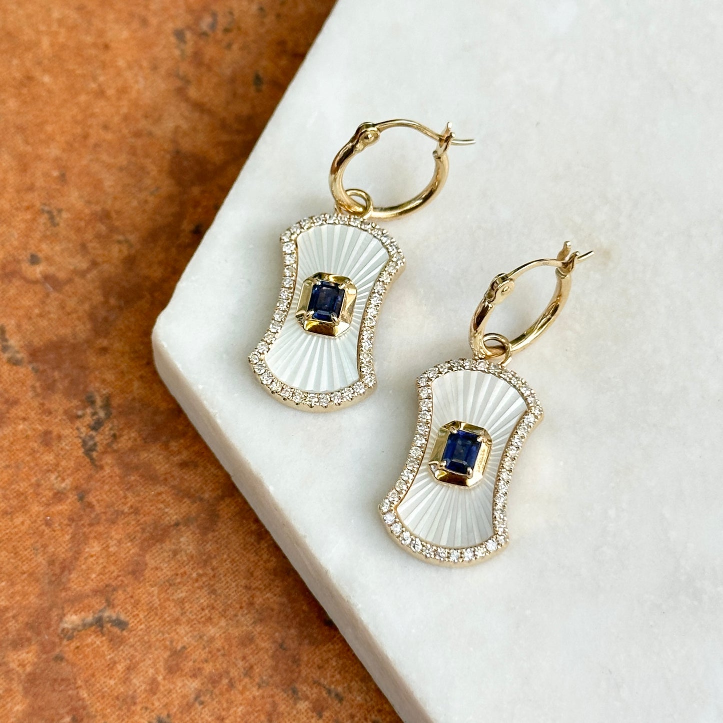 14KT Yellow Gold Mother of Pearl Blue Sapphire + Round Diamond Drop Dangle Hoop Earrings