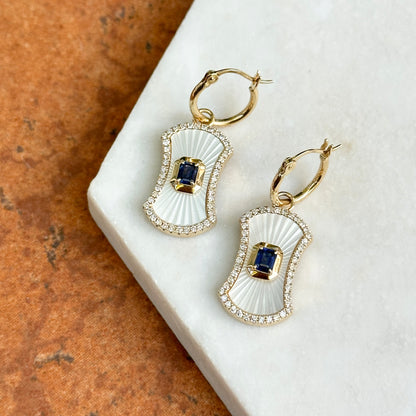 14KT Yellow Gold Mother of Pearl Blue Sapphire + Round Diamond Drop Dangle Hoop Earrings