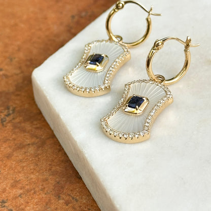 14KT Yellow Gold Mother of Pearl Blue Sapphire + Round Diamond Drop Dangle Hoop Earrings