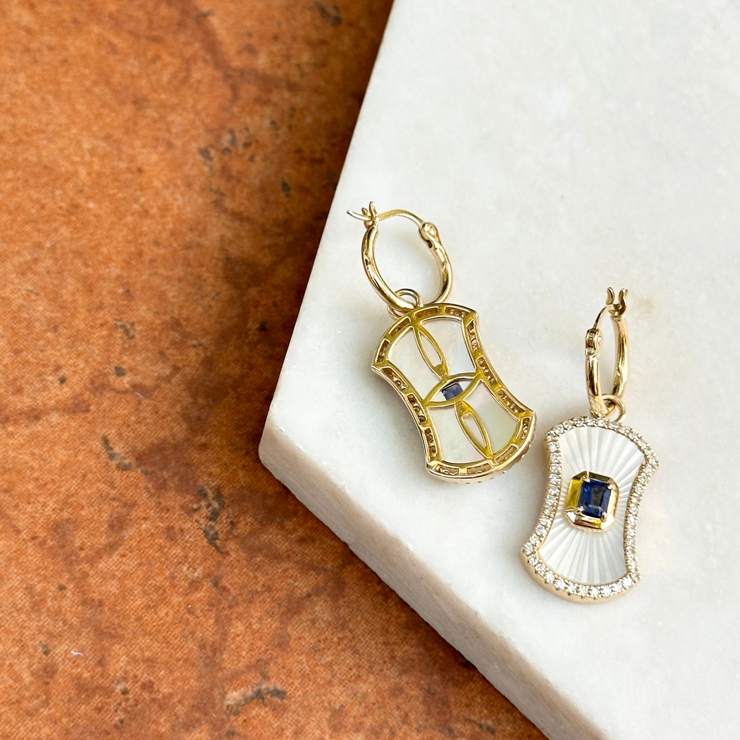 14KT Yellow Gold Mother of Pearl Blue Sapphire + Round Diamond Drop Dangle Hoop Earrings