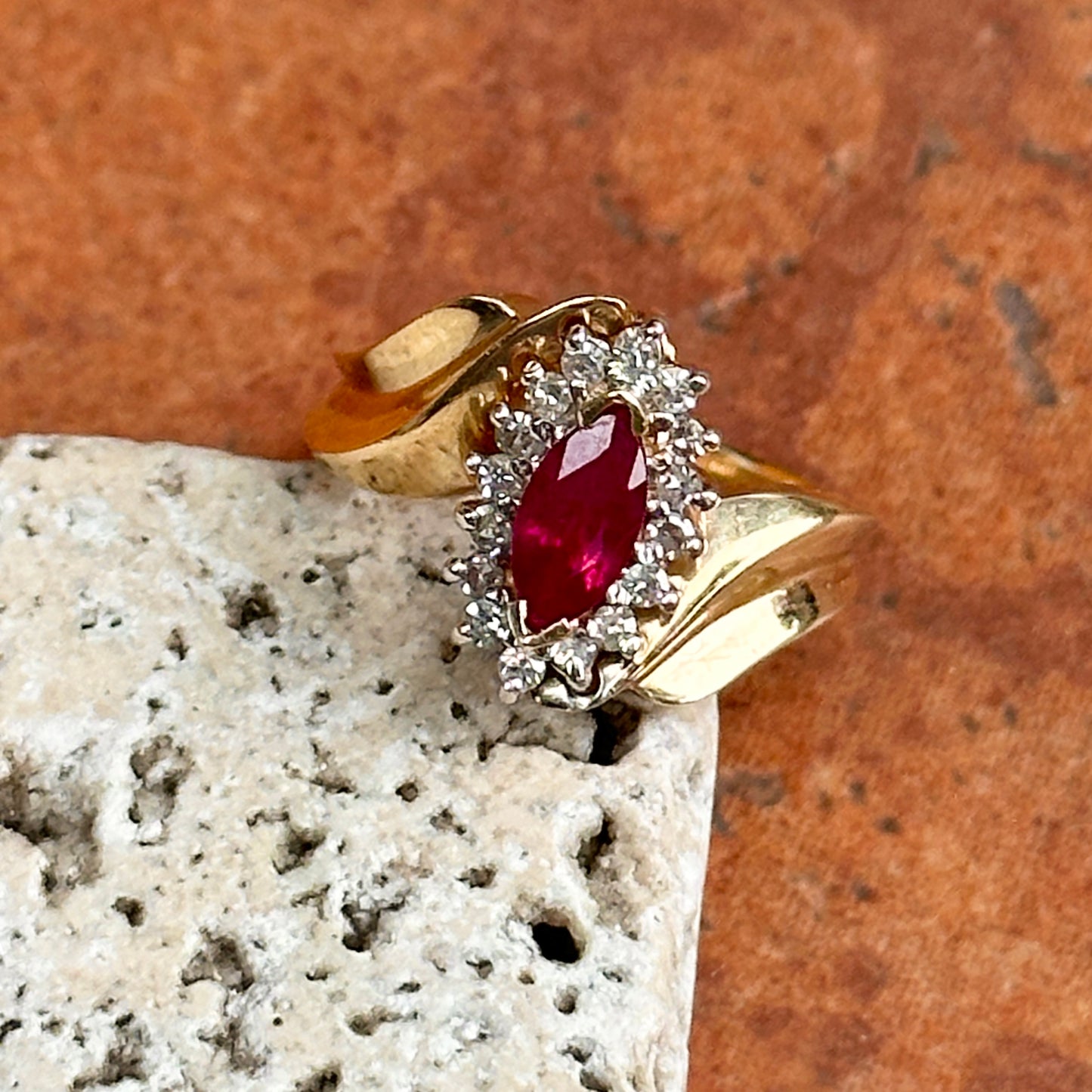 Estate 14KT Yellow Gold Marquise Ruby + Diamond Halo Ring