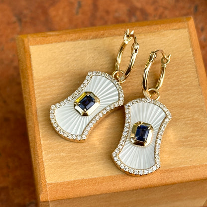 14KT Yellow Gold Mother of Pearl Blue Sapphire + Round Diamond Drop Dangle Hoop Earrings