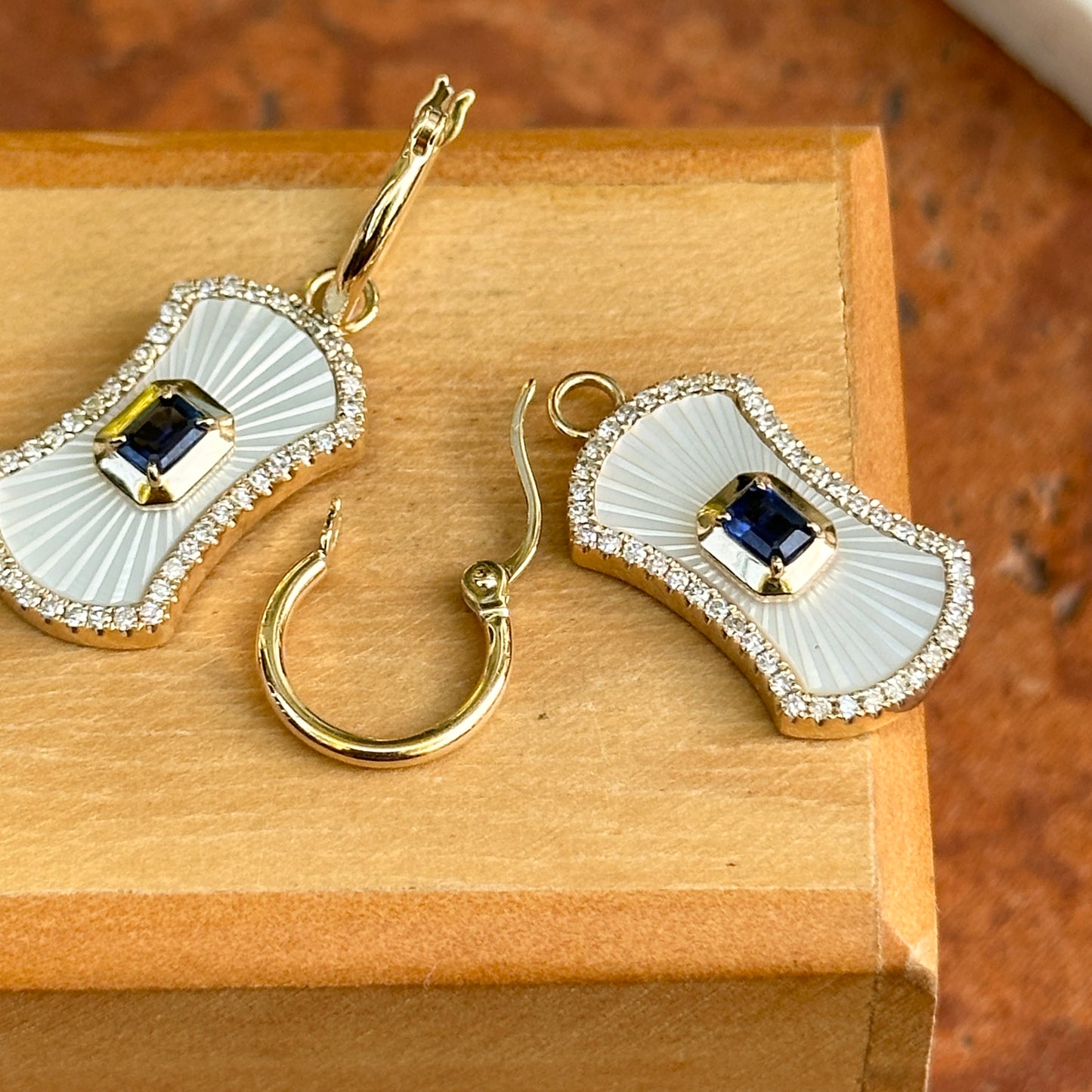 14KT Yellow Gold Mother of Pearl Blue Sapphire + Round Diamond Drop Dangle Hoop Earrings