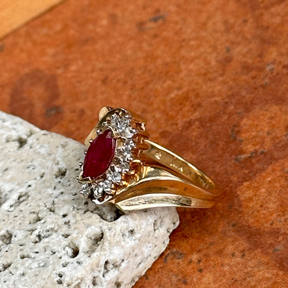 Estate 14KT Yellow Gold Marquise Ruby + Diamond Halo Ring