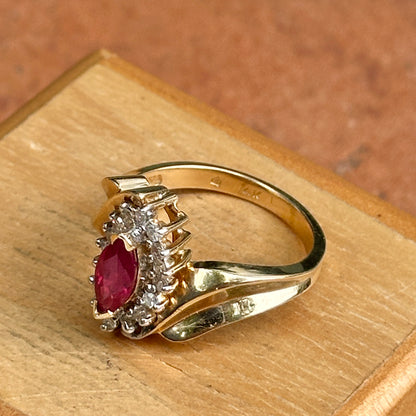 Estate 14KT Yellow Gold Marquise Ruby + Diamond Halo Ring