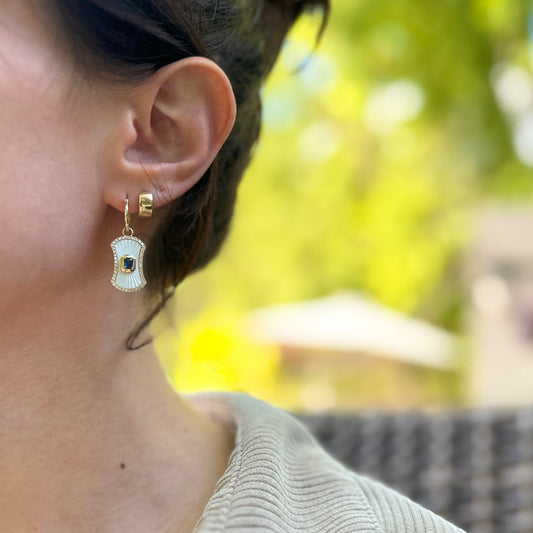 14KT Yellow Gold Mother of Pearl Blue Sapphire + Round Diamond Drop Dangle Hoop Earrings