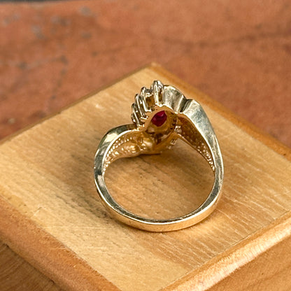Estate 14KT Yellow Gold Marquise Ruby + Diamond Halo Ring