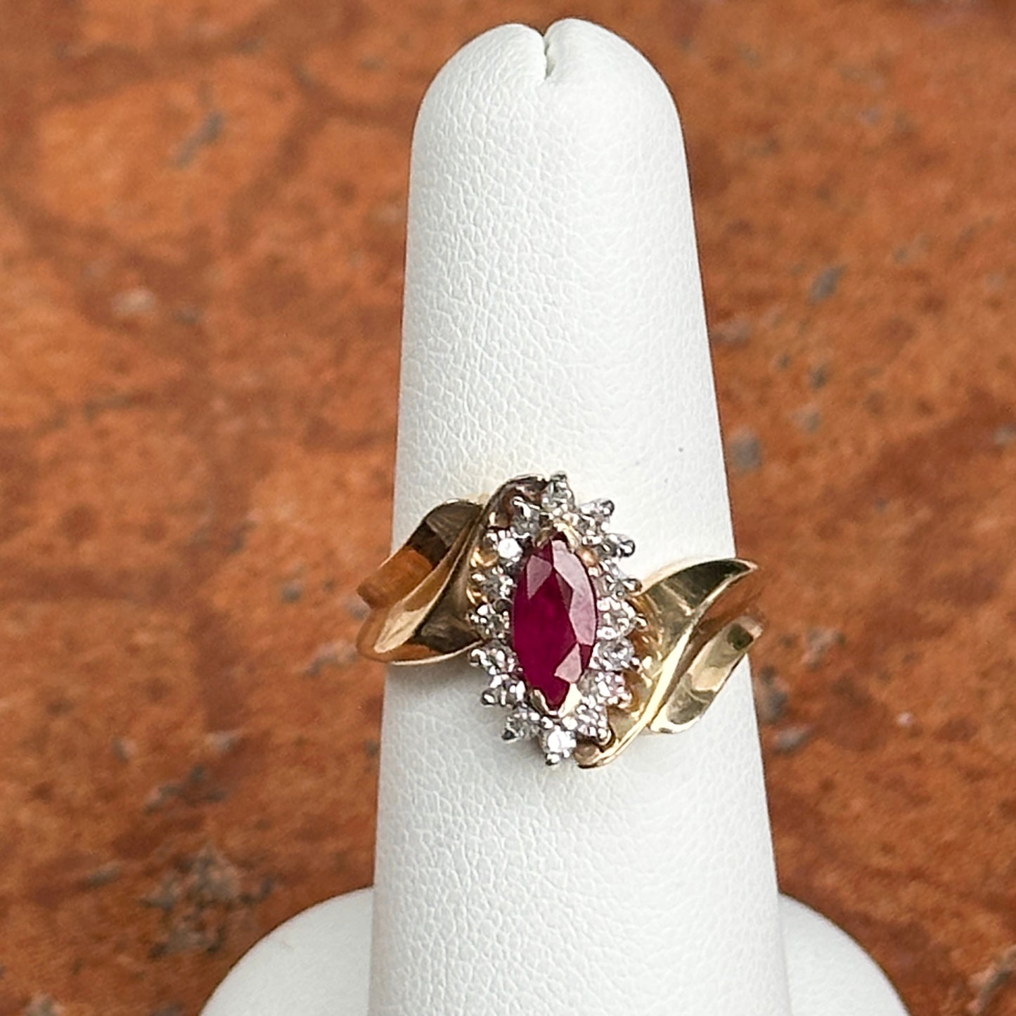 Estate 14KT Yellow Gold Marquise Ruby + Diamond Halo Ring