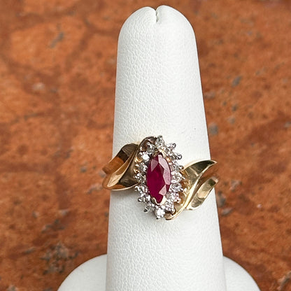 Estate 14KT Yellow Gold Marquise Ruby + Diamond Halo Ring