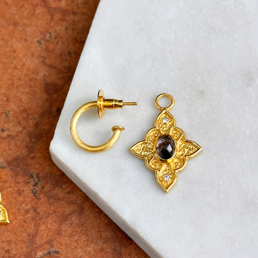 Yellow Gold-Plated Oval Purple Stone + Cubic Zirconia Dangle Hoop Earrings