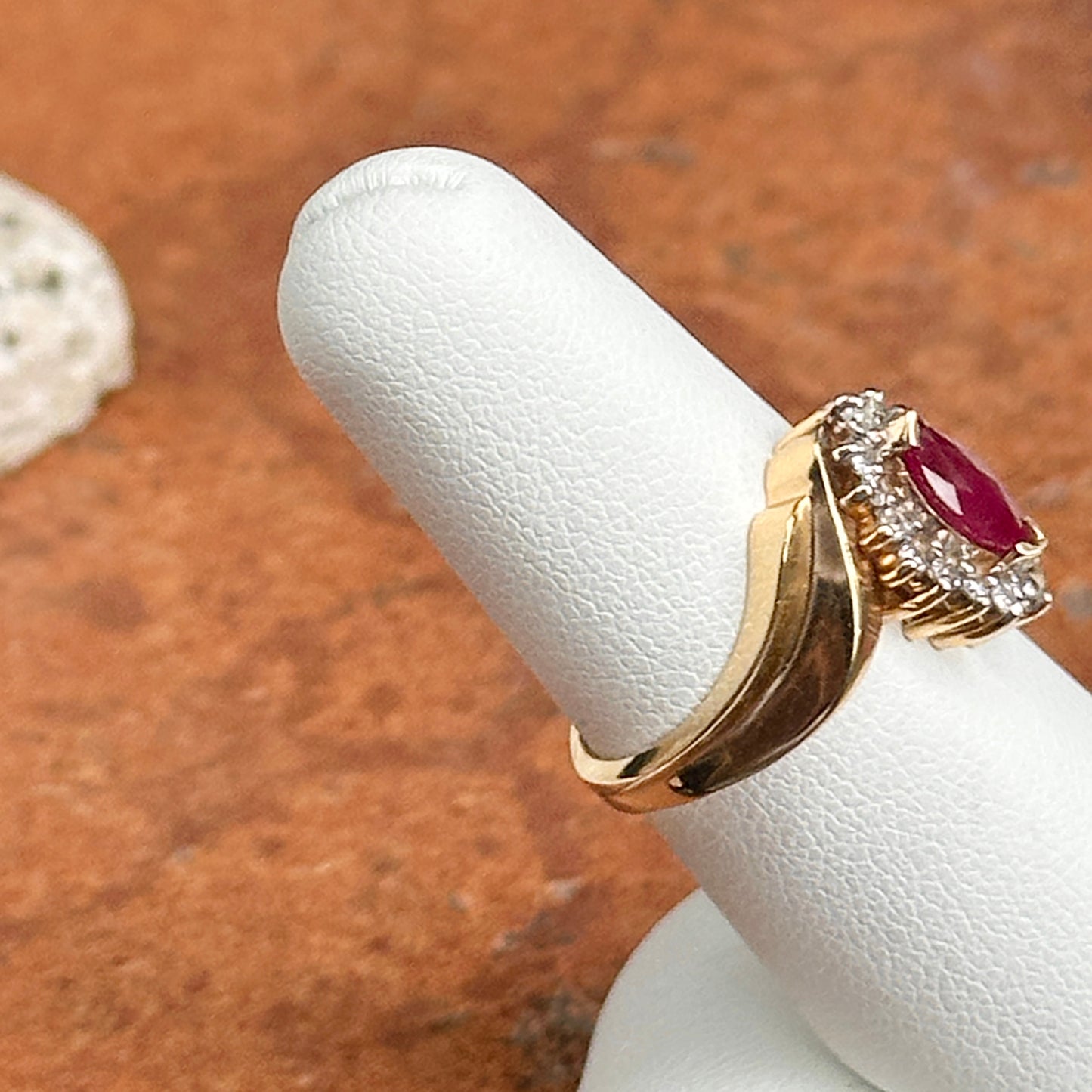 Estate 14KT Yellow Gold Marquise Ruby + Diamond Halo Ring