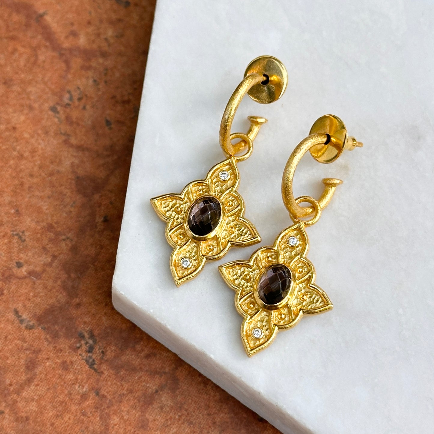 Yellow Gold-Plated Oval Purple Stone + Cubic Zirconia Dangle Hoop Earrings