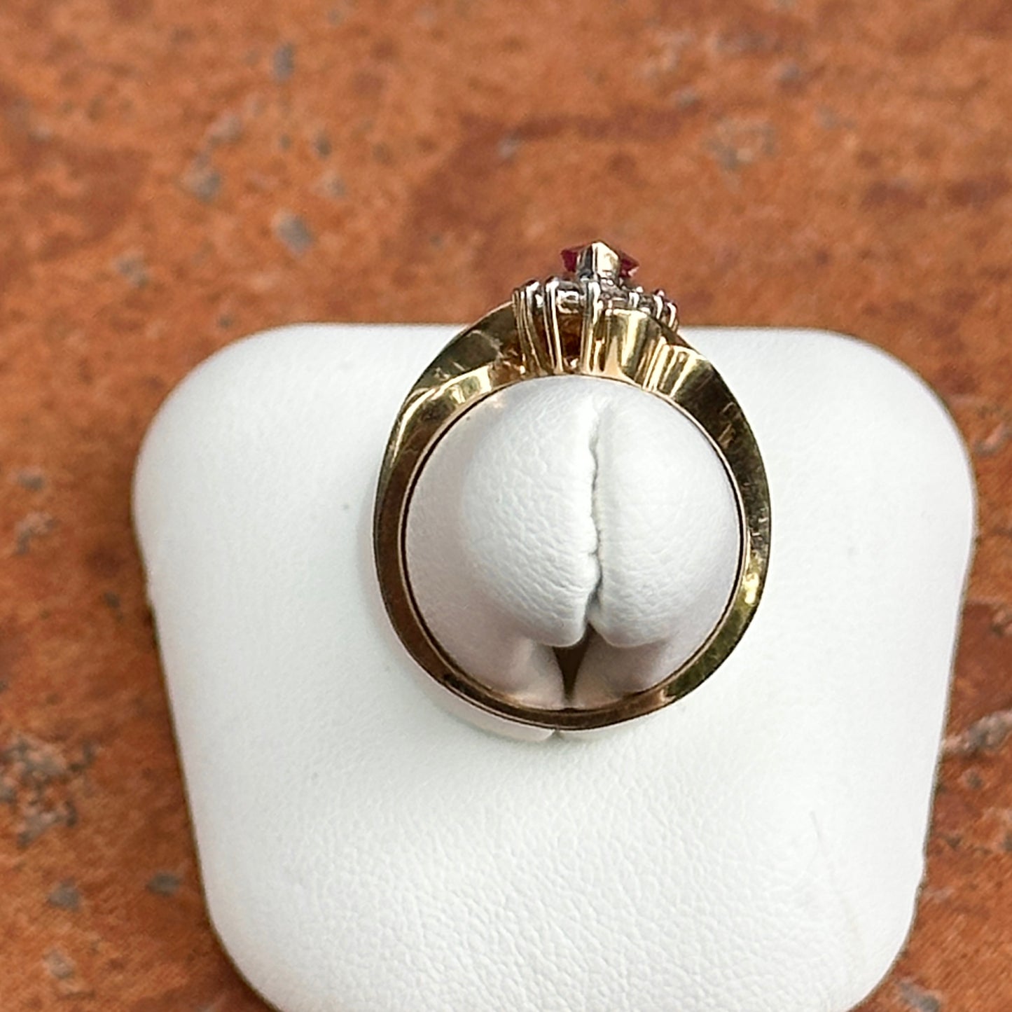 Estate 14KT Yellow Gold Marquise Ruby + Diamond Halo Ring
