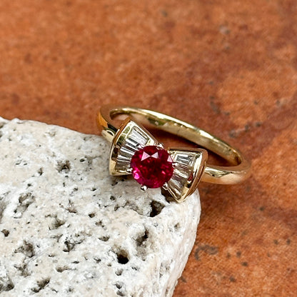 Estate 14KT Yellow Gold Round Ruby + Baguette Diamond Bow Ring
