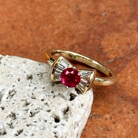 Estate 14KT Yellow Gold Round Ruby + Baguette Diamond Bow Ring