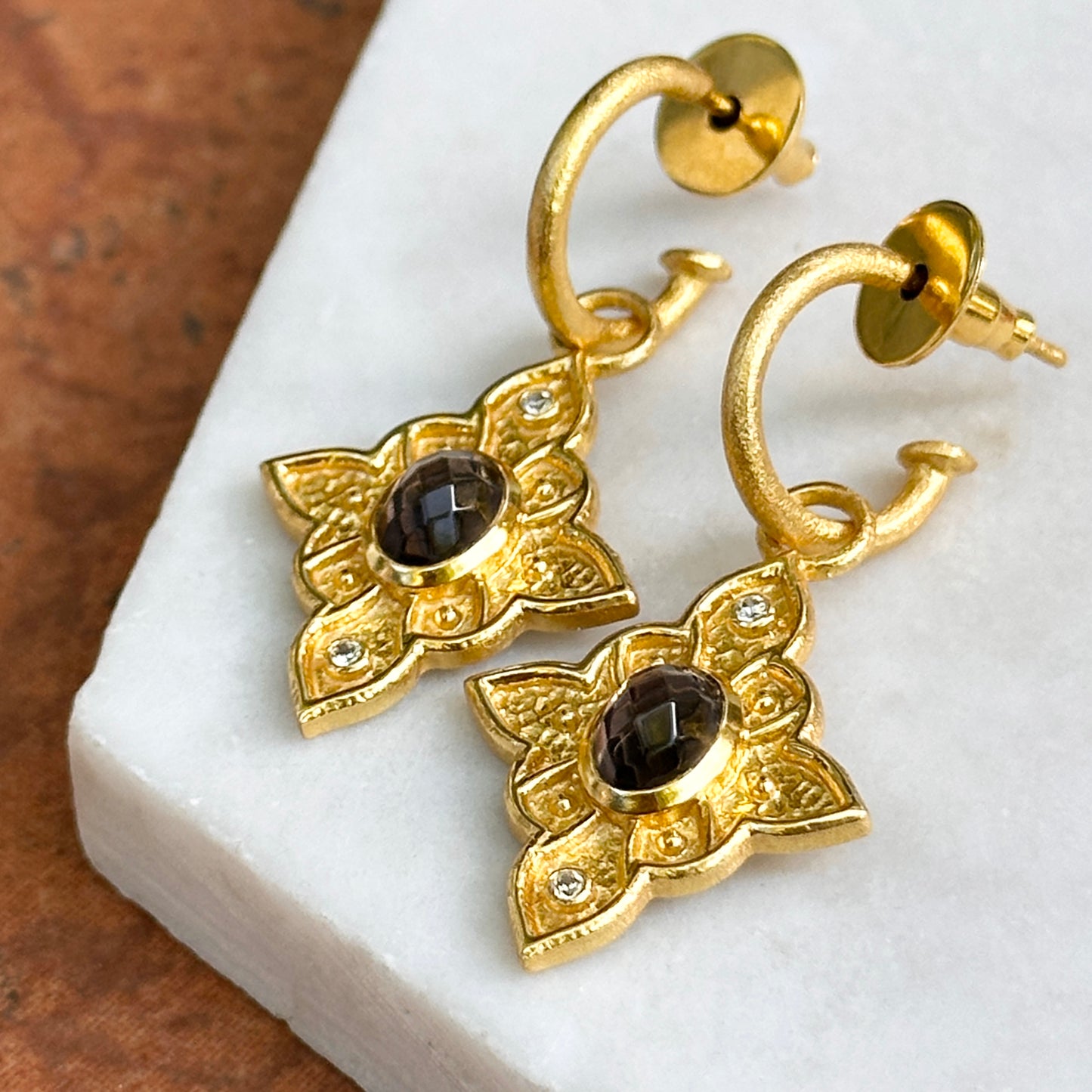 Yellow Gold-Plated Oval Purple Stone + Cubic Zirconia Dangle Hoop Earrings